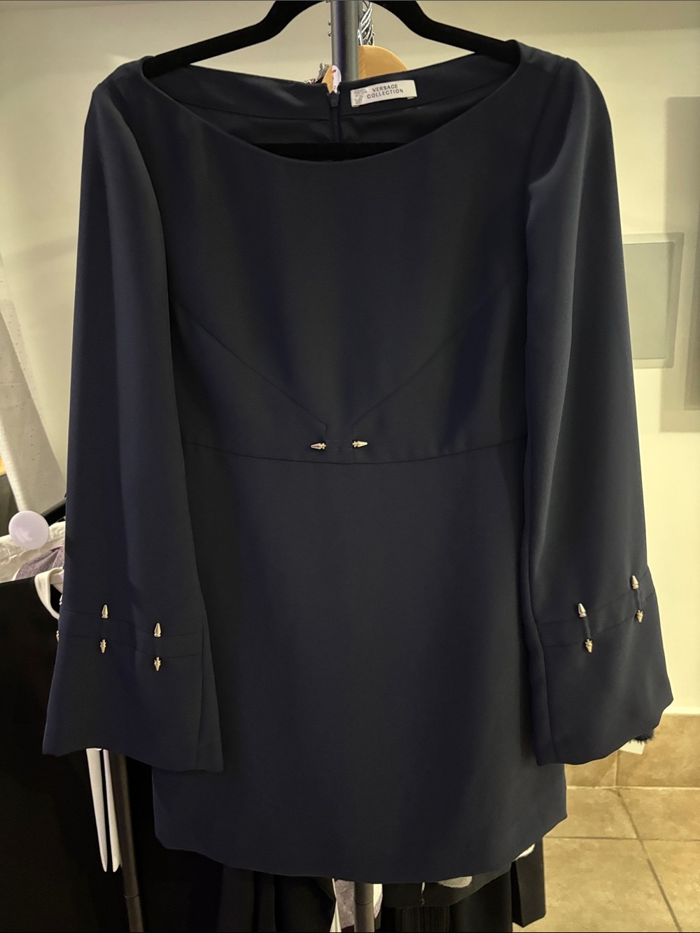 Versace Collection Navy Long-Sleeve Shift Dress with silver Accents